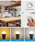 Rechargeable A19 Light Bulbs With Remote Control And USB Charging, showing dimming options and color modes in kitchen setup.