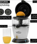 Compact Automatic Citrus Juicer With Hands Free Electric Press For Fresh Orange Lemon Lime Extract. Features locking pour spout.