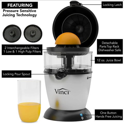 Compact Automatic Citrus Juicer With Hands Free Electric Press For Fresh Orange Lemon Lime Extract. Features locking pour spout.