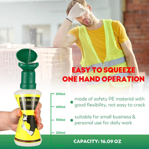 Portable Eye Wash Station Wall Mounted OSHA Approved Emergency Eye Wash Kit With Upgraded Bottle Holder And Larger Mirror Plus Sixteen Point Nine Ounce Bottles No Solution Included Green Cap Ready For Any Spill shown with bottle capacity measurements