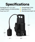 Three Quarter Horsepower Submersible Sump Pump With Float Switch 2820 GPH Heavy Duty Utility Pump with specifications displayed.
