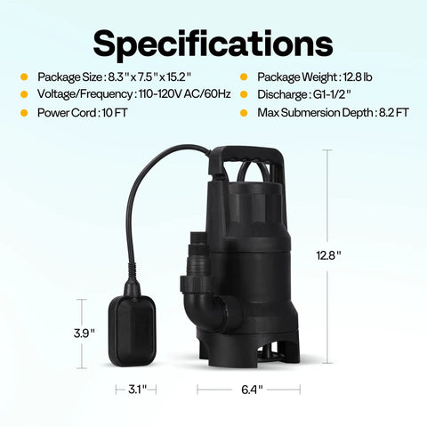 Three Quarter Horsepower Submersible Sump Pump With Float Switch 2820 GPH Heavy Duty Utility Pump with specifications displayed.