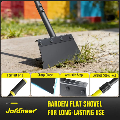 Flat Shovel Heavy Duty Garden Tool With Long Handle and Durable Quenched Steel Blade for Lawn Edging, Weeding, and Snow Removal