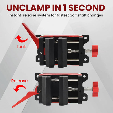 Instant Release Golf Club Vise Clamp showing locking and releasing functions for quick shaft changes
