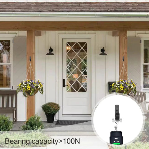 Outdoor porch with hanging baskets and hooks highlighting product with bearing capacity over 100N in inset.