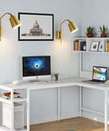 Modern Plug In Gold Wall Sconce Set Of 2 With Adjustable 180 Degree Light Heads For Bedroom And Living Room Easy Install Sleek Contemporary Look And Warm Luxe Glow illuminating a home office.