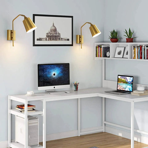 Modern Plug In Gold Wall Sconce Set Of 2 With Adjustable 180 Degree Light Heads For Bedroom And Living Room Easy Install Sleek Contemporary Look And Warm Luxe Glow illuminating a home office.