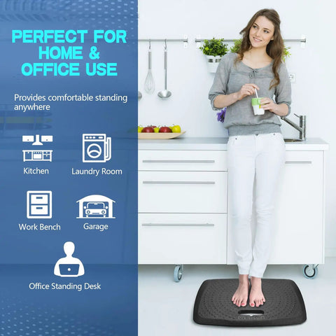 Woman standing on Anti Fatigue Standing Mat With Massage Points For Kitchen And Office, Portable Floor Rug, 17 by 22 inches, Black