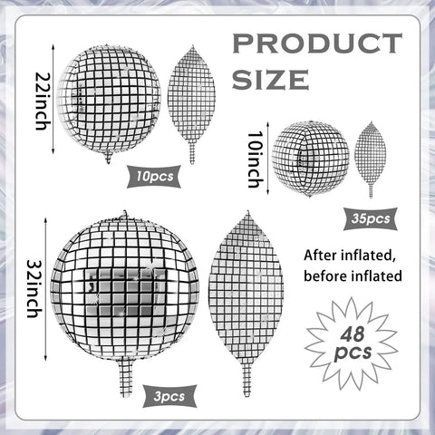 Diagram of Silver Disco Balloons Set Of 48 In Assorted Sizes 10 Inch 22 Inch 32 Inch Metallic Round Party Balloons dimensions.