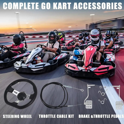 Brake And Throttle Pedal Kit With 71 Inch Cable And 270mm Steering Wheel For Go Karts And Drift Trikes display with racers