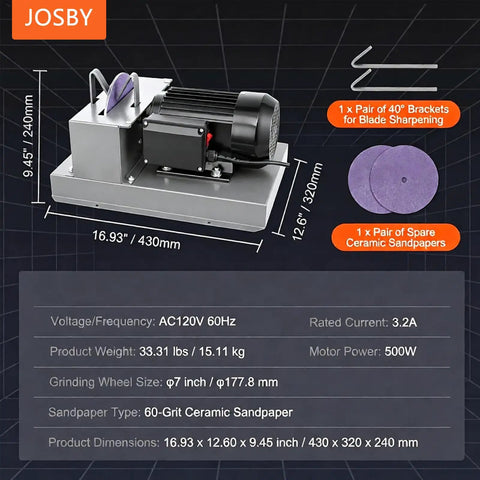 Keep Your Lawn Sharp Without Any Sweat Using This Heavy Duty Bench Grinder Featuring A Rock Solid 500 Watt Motor And Tough Ceramic Cutting Discs For High Lift Low Lift And Flat Mower Blades, showing dimensions and components.