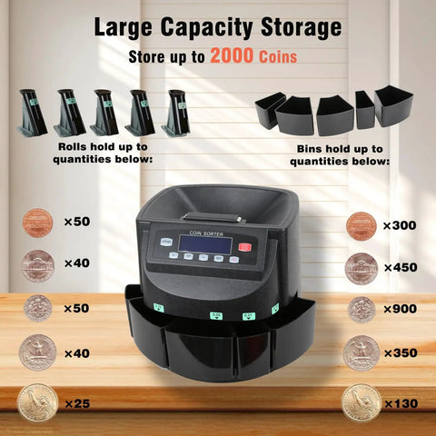 Heavy Duty Coin Counter And Money Sorter Knocks Out Bulk Jars Fast With Slick 270 Coins Per Minute Pace five bin tray for 2000 coins