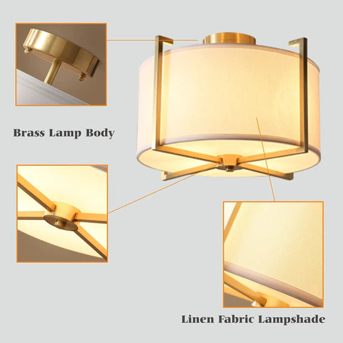 Dope Brushed Brass Four Light Flush Mount Ceiling Light With Drum Fabric Diffuser Mid Century Modern Indoor Ceiling Fixture