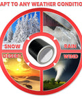 Heavy Duty Outdoor Repair Tape For Awnings Tarps Ripstop Fabrics Boat Covers Tents And Sails Waterproof UV Resistant Black Patch Kit For Quick Pro Grade Tough As Nails All Weather Fixes, shown with snow, rain, desert, and wind conditions.