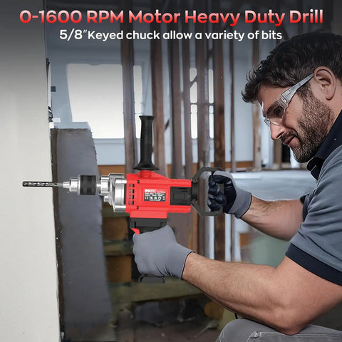 Power Drill Mixer 3200W 110V Corded Concrete Mixer With Variable Speed, shown in use by a man mixing materials, side view.