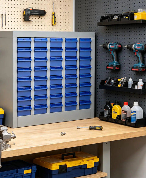 40 Drawer Steel Parts Cabinet With ABS Bin Organizers for garage and workshop on a workbench with tools and drill bits.