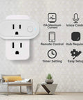 Smart Plug 4-Pack With Energy Monitoring, 15A 1800W Outlet, Auto Pairing features icons in living room scene with couch.