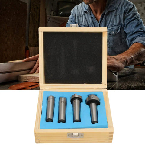 Essential 4 Piece Wood Turning Center Set With Spur And Cup Tool For Lathe Spindle Work, shown in protective box with tools.