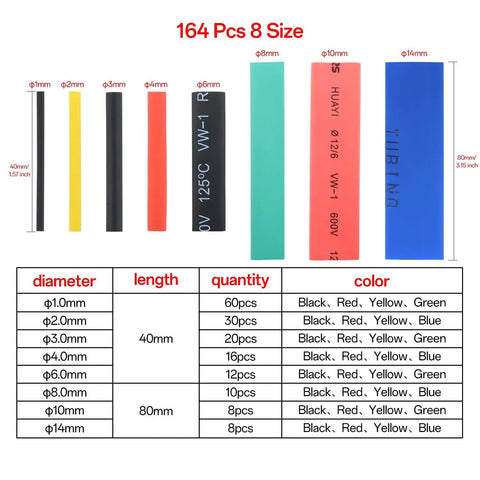 164 Piece Heat Shrink Tubing Kit 2 To 1 Insulation For Wires And Cables, 5 Colors, 8 Sizes, chart of sizes and quantities