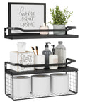 Floating Wood Wall Shelves With Wire Storage Basket Over Toilet Use Gray Finish Metal Guardrail Grab And Go Toilet Paper