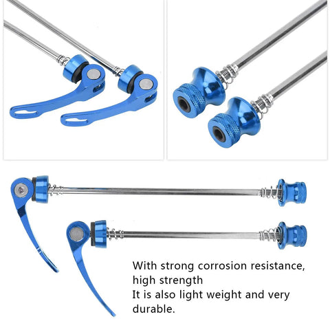 Two Pack Bicycle Wheel Hub Skewers With Quick Release Levers Front 135mm Rear 170mm Lightweight Aluminum Alloy Bike Skewers For Mountain And Road Bikes Blue visible in close-up and side view.