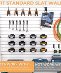 Straight Shot Setup 12 Pack Plastic Slatwall Bins With Heavy Duty Metal Hooks Engineered For Retail Store Shelving Merchandise Display And Shop Inventory Management Systems on slat wall, displaying tools and hardware.