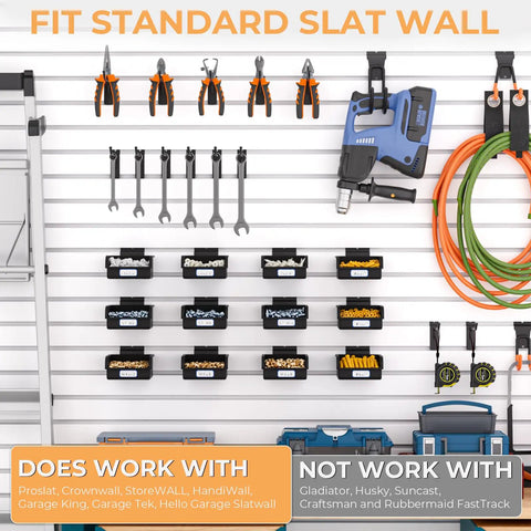 Straight Shot Setup 12 Pack Plastic Slatwall Bins With Heavy Duty Metal Hooks Engineered For Retail Store Shelving Merchandise Display And Shop Inventory Management Systems on slat wall, displaying tools and hardware.