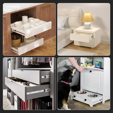 Collage showing 14 Inch Soft Close Drawer Slides 5 Pairs Side Mount 3 Fold Full Extension Ball Bearing Heavy Duty Cabinet Drawer Glides in various installations.