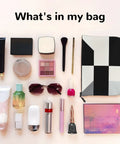 Level Up Your Packing Game With This Legit Black And White Piano Grid Print Large Toiletry Bag Crafted From Water Repellent Polyester Fabric For Hassle Free Travel Essentials And Cosmetics, with makeup inside.