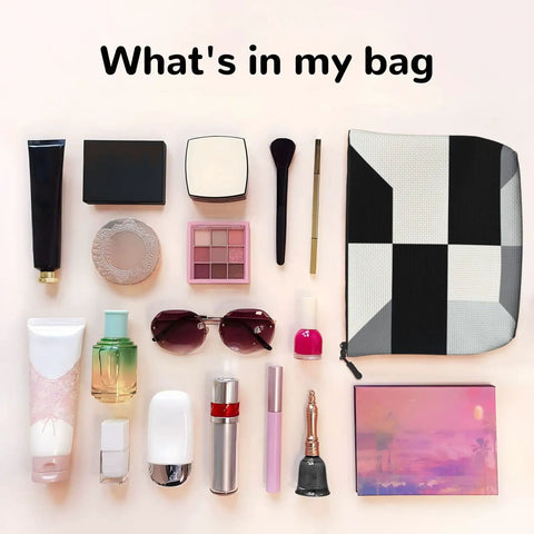 Level Up Your Packing Game With This Legit Black And White Piano Grid Print Large Toiletry Bag Crafted From Water Repellent Polyester Fabric For Hassle Free Travel Essentials And Cosmetics, with makeup inside.