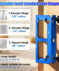 Aluminum Alloy Door Hinge Jig Adjustable Router Template Kit With File Fits Two Point Five Inch Hinges Radius And Square Corner Hinges Compatible With Quarter Inch And Five Eighth Inch Radius And Square Corner Blue showing installation on door