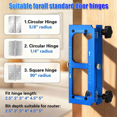Aluminum Alloy Door Hinge Jig Adjustable Router Template Kit With File Fits Two Point Five Inch Hinges Radius And Square Corner Hinges Compatible With Quarter Inch And Five Eighth Inch Radius And Square Corner Blue showing installation on door