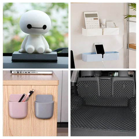 Collage showing a figurine, wall shelves, desk organizers, and car trunk liner in various settings.