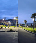 Outdoor setting with Beefy 100W LED Post Top Light With 14000 Lumens, illuminating park at dusk, IP65 waterproof, 120-degree beam angle.