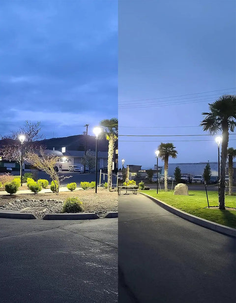 Outdoor setting with Beefy 100W LED Post Top Light With 14000 Lumens, illuminating park at dusk, IP65 waterproof, 120-degree beam angle.