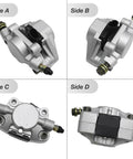 Rear Foot Hydraulic Disc Brake Master Cylinder Caliper Assembly For Chinese ATVs And Dune Buggies. Side views A, B, C, and D.