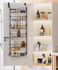 Six Tier Over The Door Pantry Organizer Rock Solid Metal Hanging Kitchen Basket with bottles for seasoning and cleaning supplies.