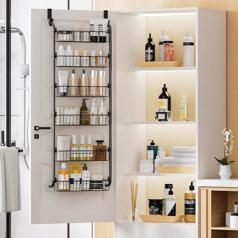 Six Tier Over The Door Pantry Organizer Rock Solid Metal Hanging Kitchen Basket with bottles for seasoning and cleaning supplies.