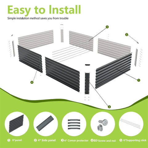 Assembly diagram of Galvanized Raised Garden Bed 8x4x2 Feet Outdoor Planter Box Gray Heavy Duty Metal Garden Bed with parts labeled