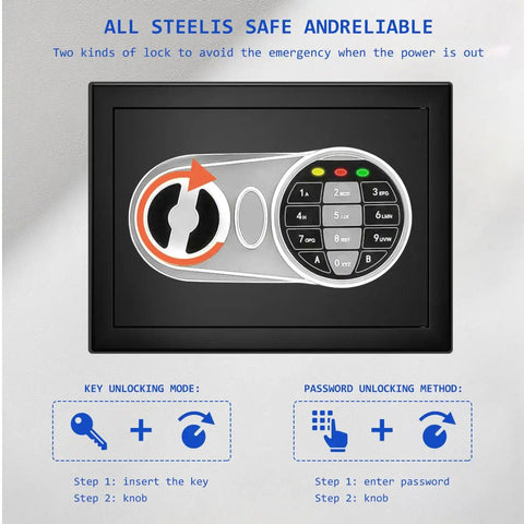 Digital Safe Box With Sensor Light And Electronic Keypad, showing key and password unlocking methods, sturdy steel construction