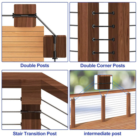 Black Stainless Steel Protector Sleeves For One Eighth Inch Cable Railing 120 Pack Fits Wood And Composite Posts Marine Grade T316 Durable Deck Cable Guard Sleeves For Indoor And Outdoor Use installed on various wood post designs.