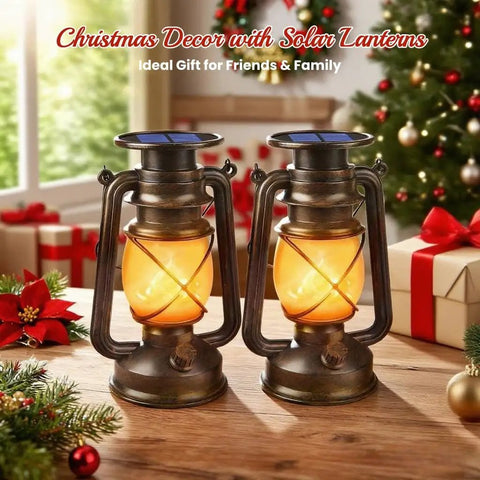 Outdoor Solar Lanterns 2 Pack Waterproof Bronze Flickering Flame Lights For Garden Patio And Yard on holiday table