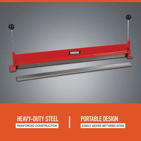 Beefy Portable Sheet Metal Bending Brake 30 Inch Wide Heavy Duty Reinforced Steel Frame Bends Up To 90 Degrees displayed on stand