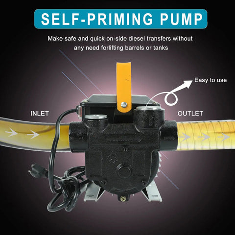 No-Nonsense 110V AC 550W Self Priming Electric Fuel Transfer Pump with inlet and outlet for seamless diesel transfer.