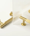 Two Pack Solid Brass Cabinet Pulls With Grooved Gold Bar Handles, 12.6 Inch Center To Center, Brushed Brass Finish, Ideal For Cabinets