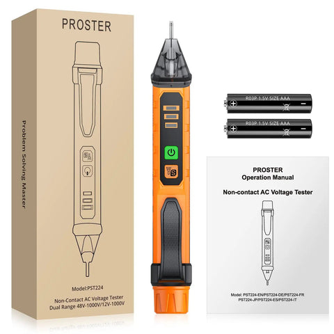 Non Contact Voltage Tester Pen Adjustable 12 To 1000 Volt Range For Quick Line Checks AC Voltage Detector With High And Low Sensitivity Easy To Use Safety Tool For Home DIY And Pros, orange pen tester with manual and AAA batteries