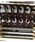 Top Shelf 21 Piece Keyway Puller Set HSS Steel Pusher Extractor Gear Removal Tool Kit For Hardcore Mechanics Who Gonna Need Some Badass Reliability On Jobsite Daily. Keyway pullers organized in a wooden display.