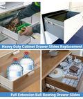 Collage showing 2 Pack Heavy Duty Cabinet Drawer Slides Replacement Ball Bearing Smooth Bidirectional Glide Rails in use