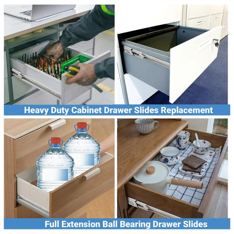 Collage showing 2 Pack Heavy Duty Cabinet Drawer Slides Replacement Ball Bearing Smooth Bidirectional Glide Rails in use