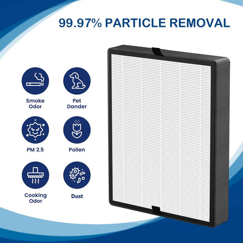 True HEPA Replacement Filter Kit For 45i And Flex Air Purifiers showing one HEPA filter with icons of particles removed